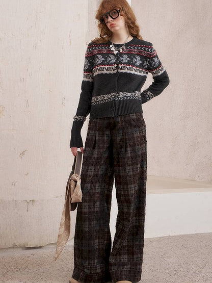 Textured straight leg loose plaid trousers【s0000014384】