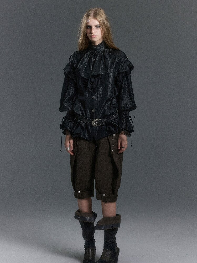 Patchwork Pearlescent Ruffled Stand Collar Shirt【s0000019242】