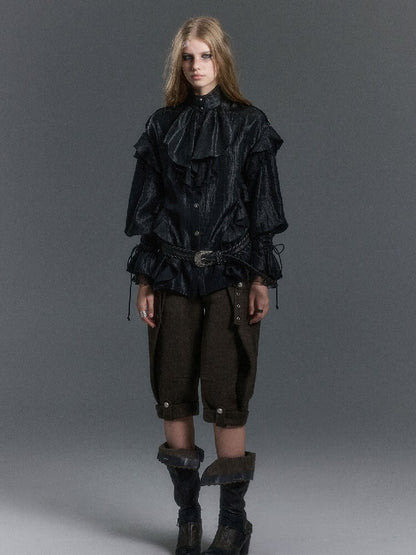 Patchwork Pearlescent Ruffled Stand Collar Shirt【s0000019242】