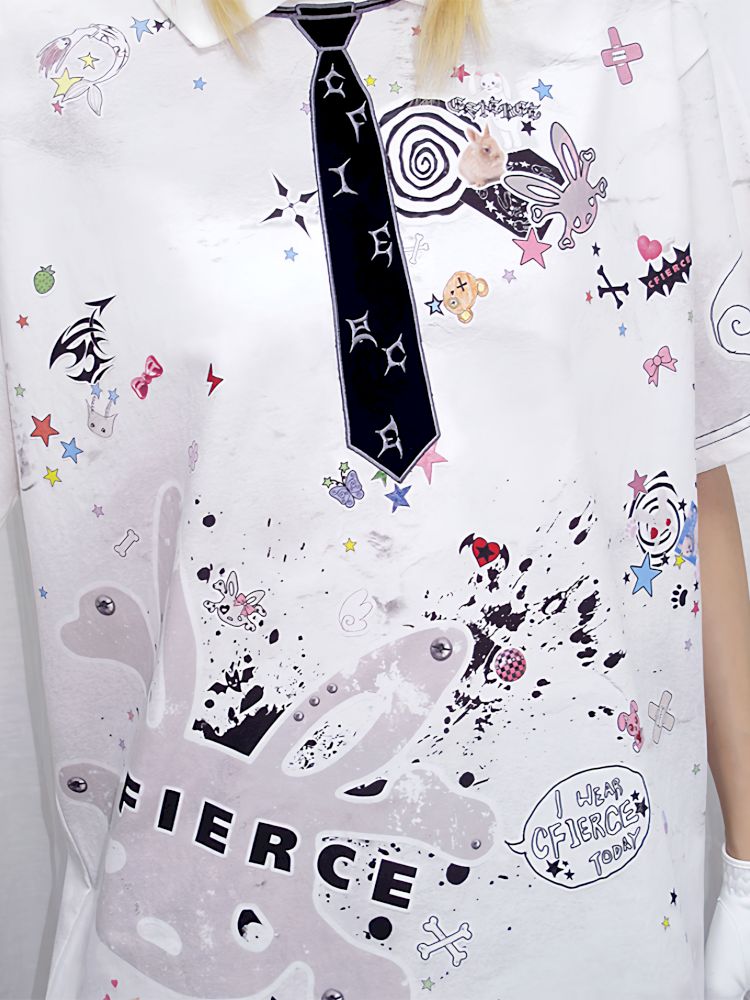 Sticker Print Embroidered Tie Polo Shirt【s0000013881】