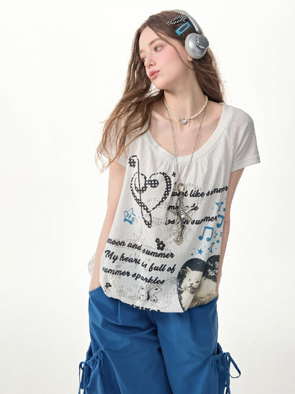 Summer Cat Print Short Sleeve T Shirt【s0000017255】