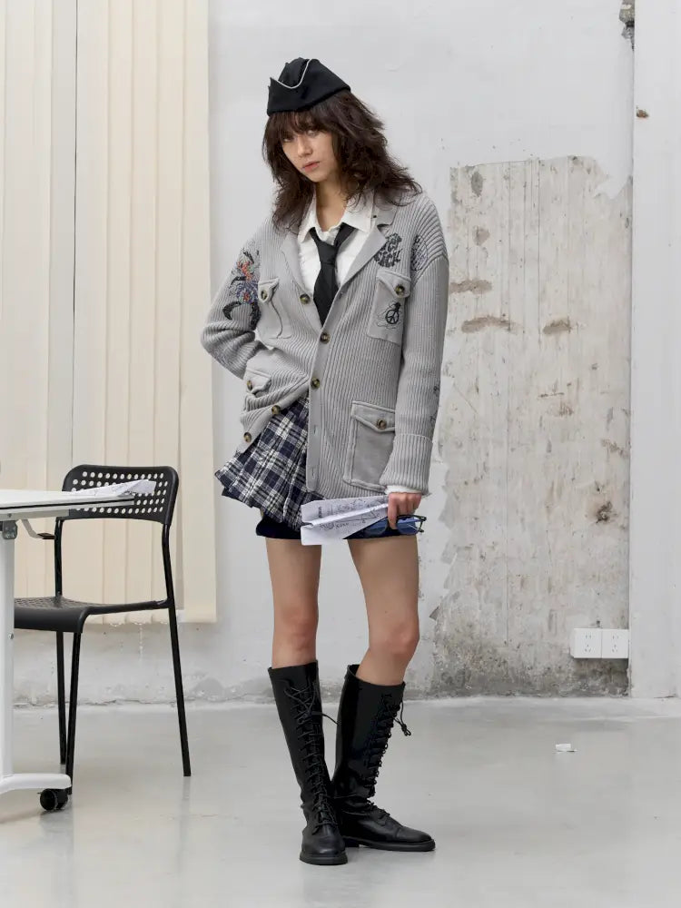 Graffiti-Print Knit Cardigan Sweater【s0000014202】