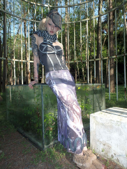 Printed Shaped Slit Mesh Half-body Dress【s0000012466】