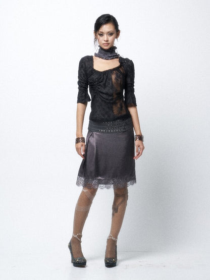 Studded Satin Lace Panelled Skirt【s0000016068】