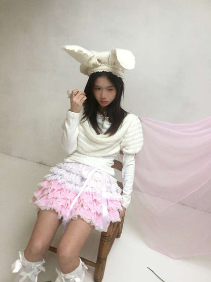 Draped Collar Bow Knitted Two-Piece Top【s0000014938】