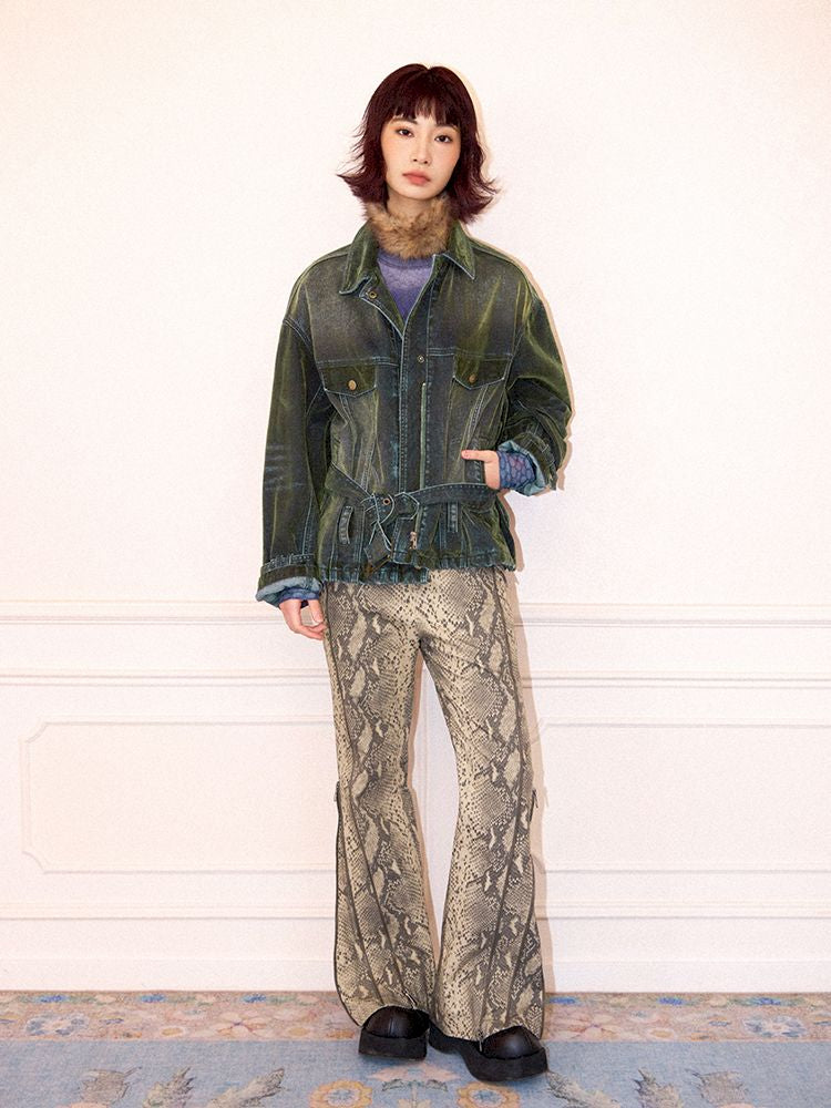 Loose Green Flocked Denim Jacket【s0000011638】