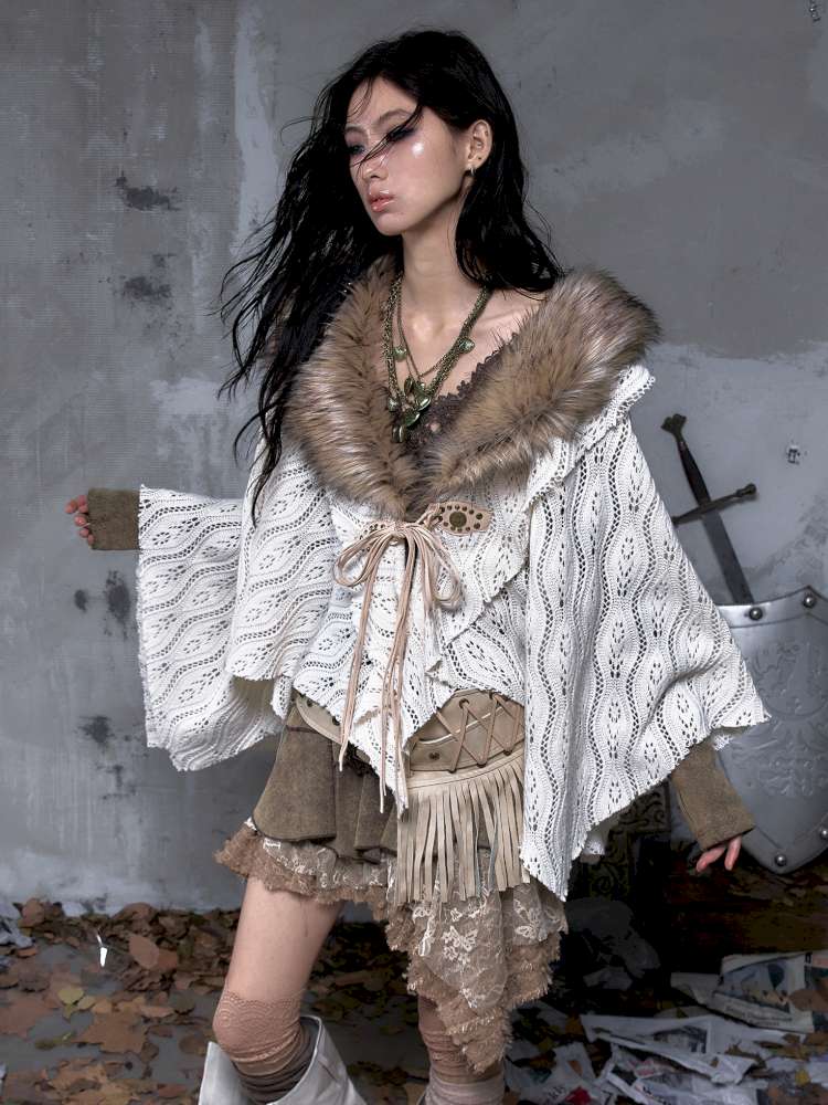 Knit Fur Collar Shawl Cape【s0000014659】