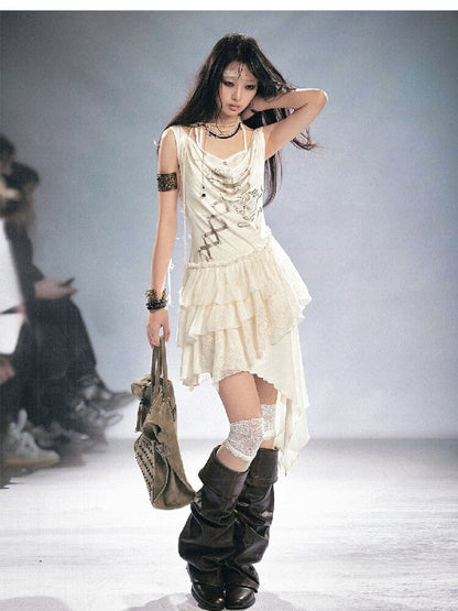 Strap Print Lace Ruffled Dress【s0000016214】