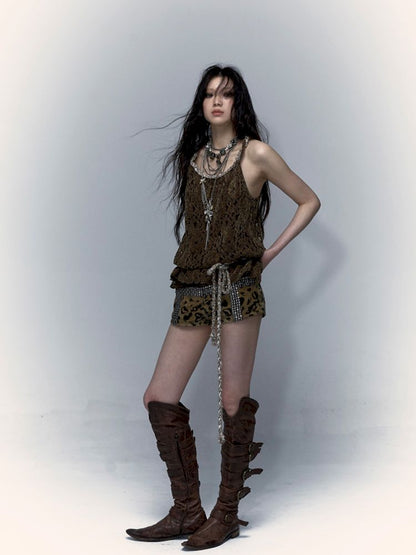 Slouchy Old Hollowed Out Loose Flocked Lace Vest [s0000008134]