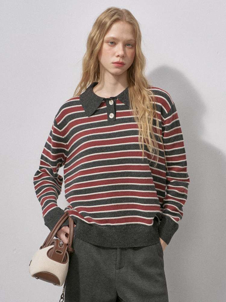 Cotton Wool Striped Polo Pullover【s0000015233】