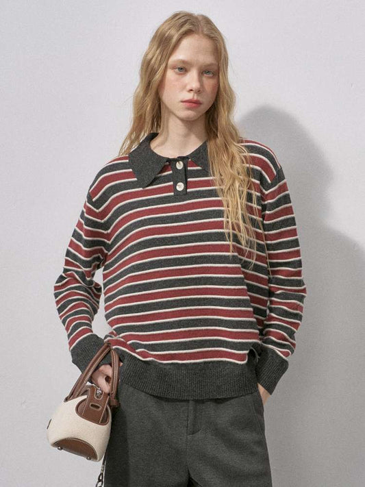 Cotton Wool Striped Polo Pullover【s0000015233】