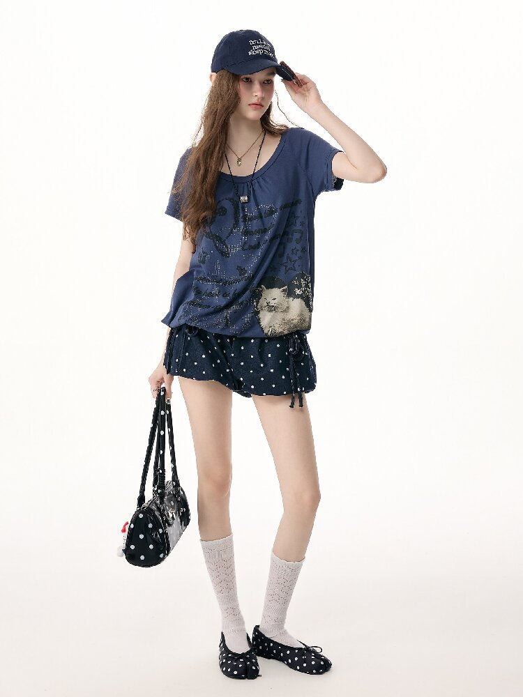 Cat Print Lazy Drawstring T-Shirt【s0000017253】