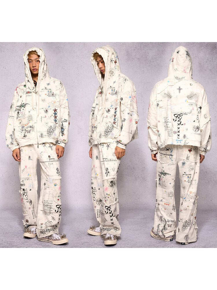 Torn Manuscript Print Sweatshirt Jacket【s0000018735】