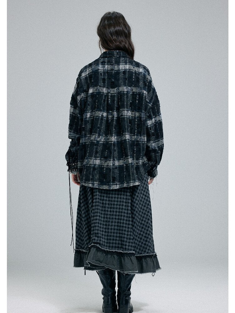 Plaid Strap Torn Long-Sleeved Shirt【s0000016258】