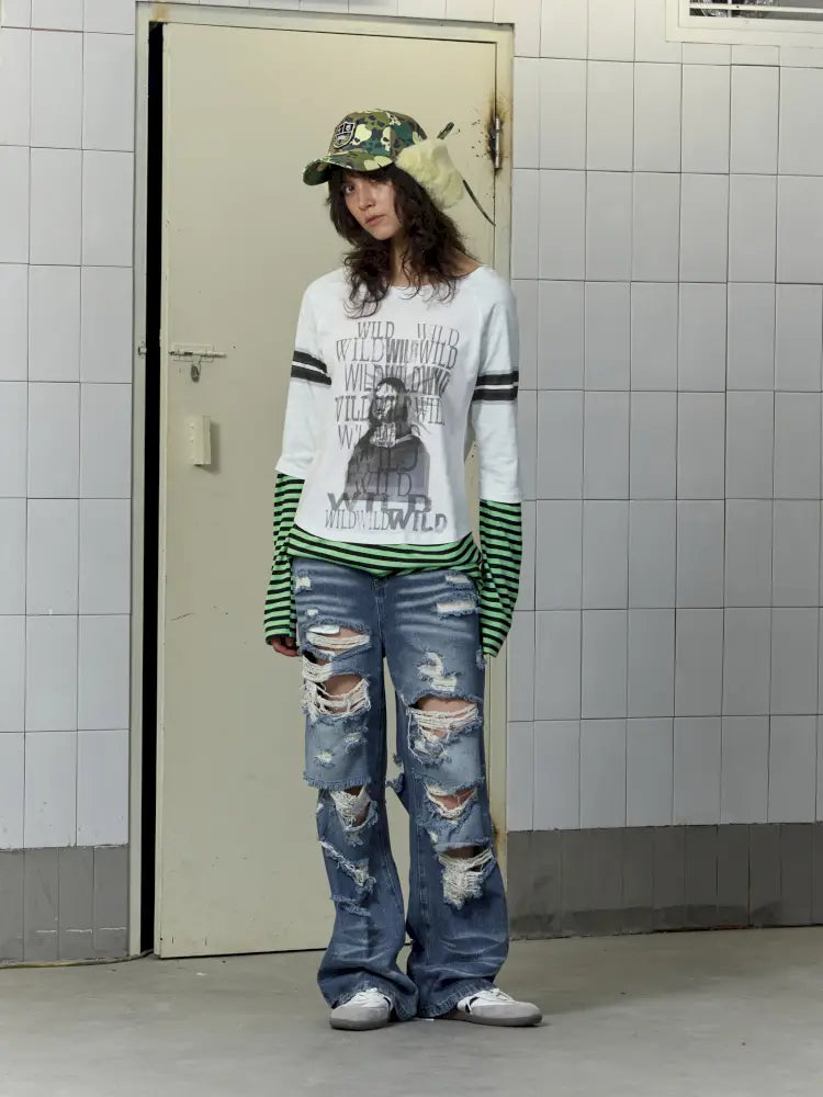 Patchwork Striped Long-Sleeve T-Shirt【s0000014207】