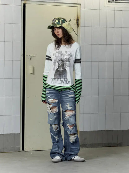 Patchwork Striped Long-Sleeve T-Shirt【s0000014207】