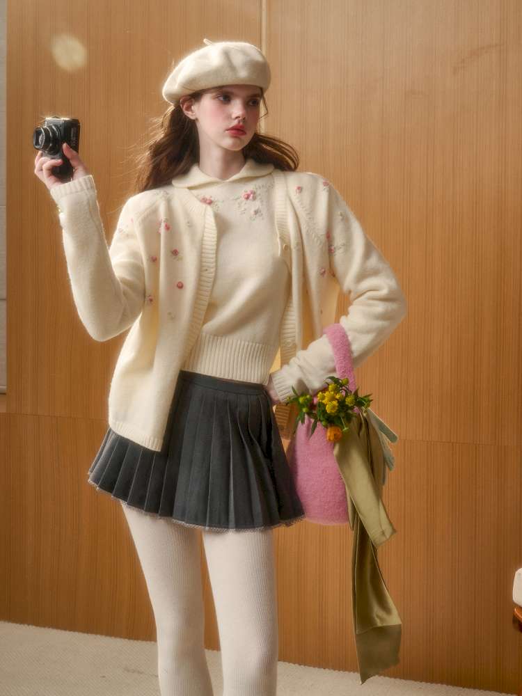 Wool Hand-Embroidered Flower Sweater Cardigan【s0000014891】