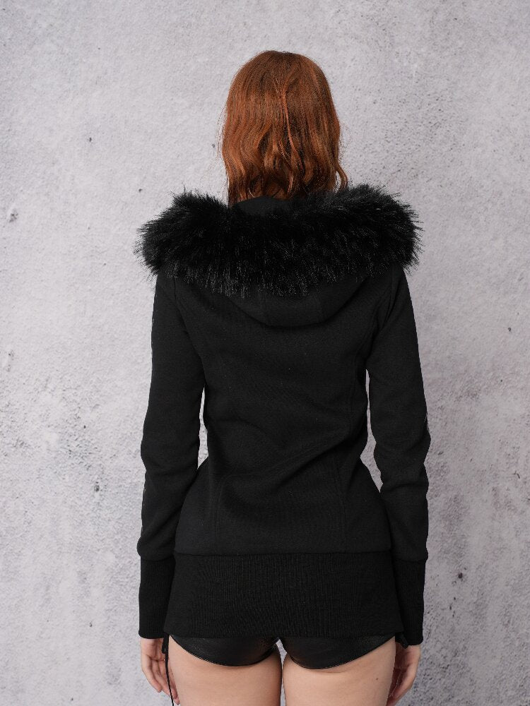 Glossy Black Fleece Hooded Fur Sweatshirt【s0000019103】