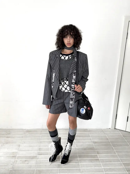 Lace-Up Striped Shorts Blazer【s0000014203】