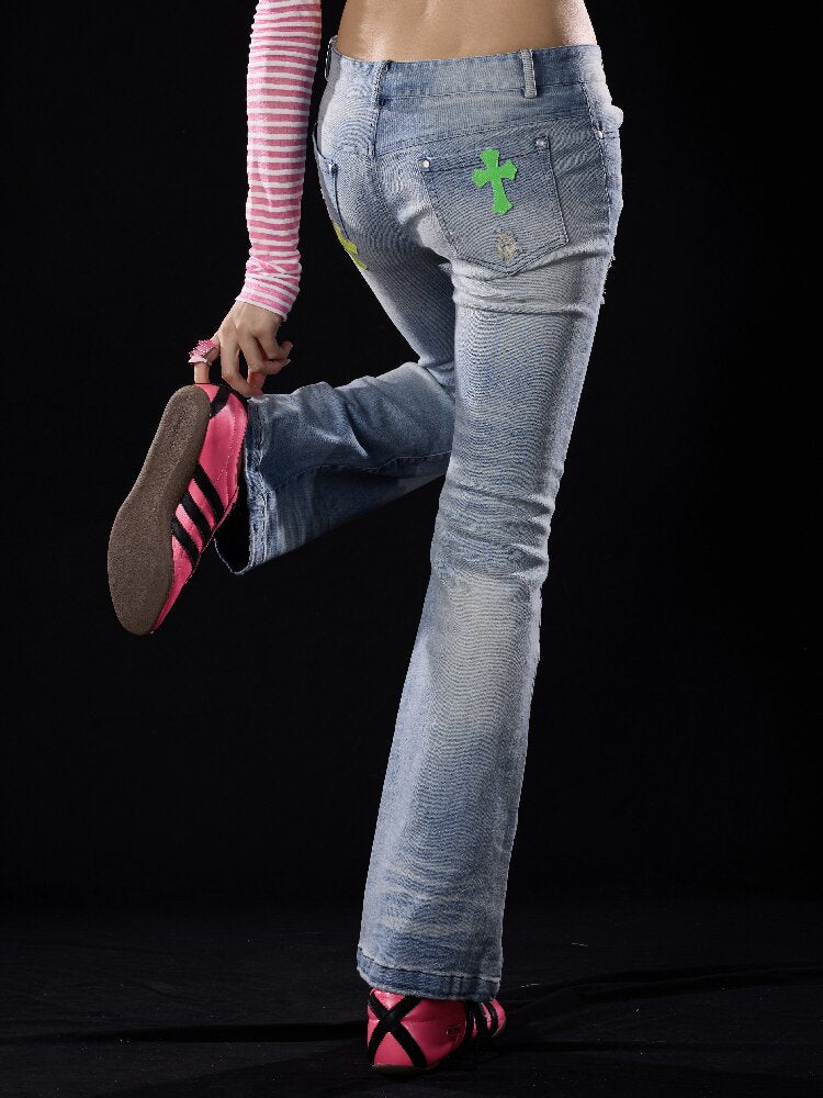Washed Ripped Appliqué Jeans【s0000018505】