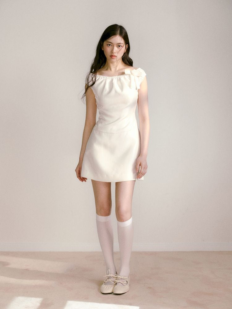 Satin Elastic One Shoulder Bowknot Waisted Dress【s0000013237】