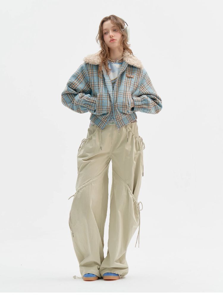 모피 칼라 슬림 블루 격자 무늬 짧은 코트 [S0000011507]