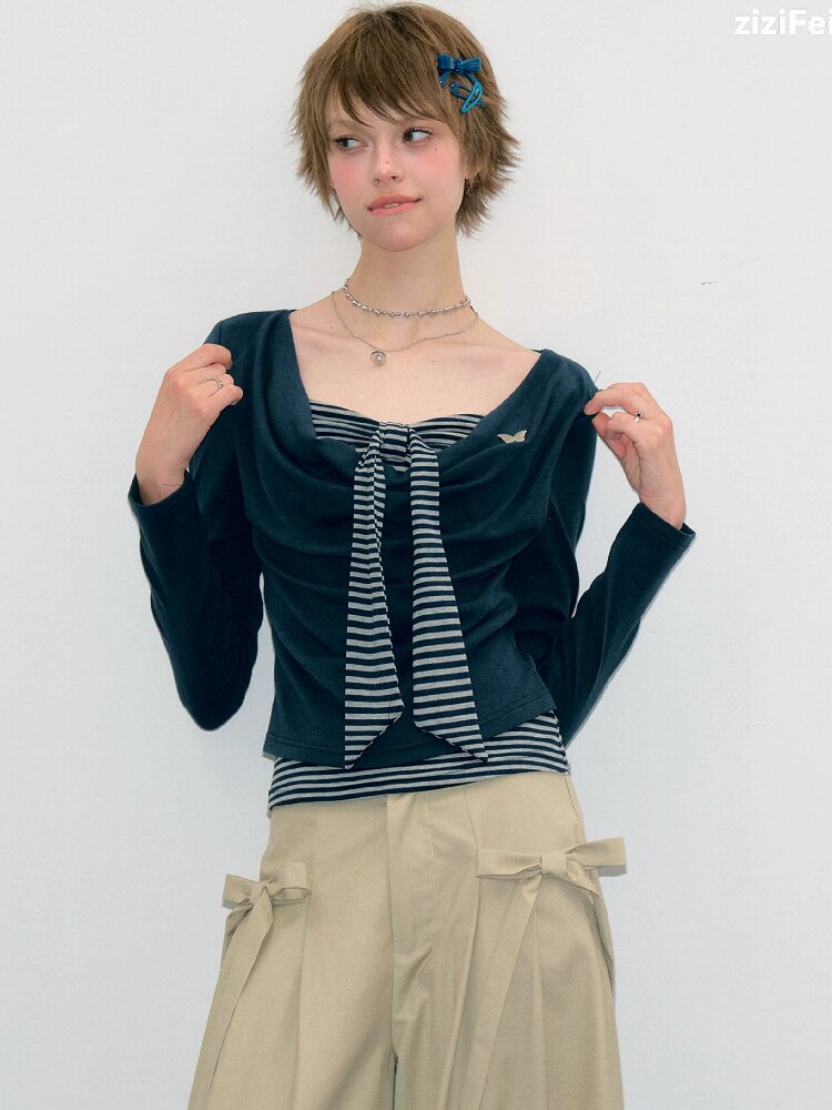 Striped Tie Knit Top Long Sleeve【s0000017880】