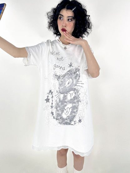 Lace Splicing Printed T-Shirt Dress [S0000008821]