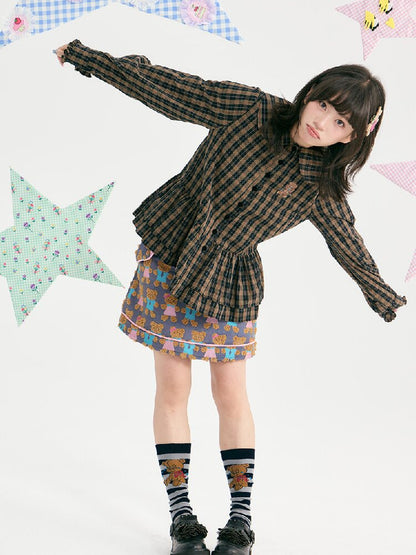 Plaid Embroidered Ruffled Shirt【s0000018726】