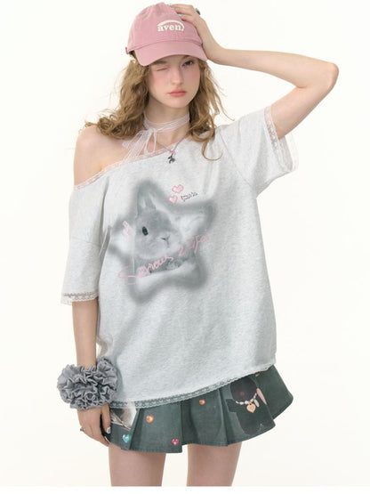 Lace edge large round neck loose short sleeve t-shirt【s0000013373】