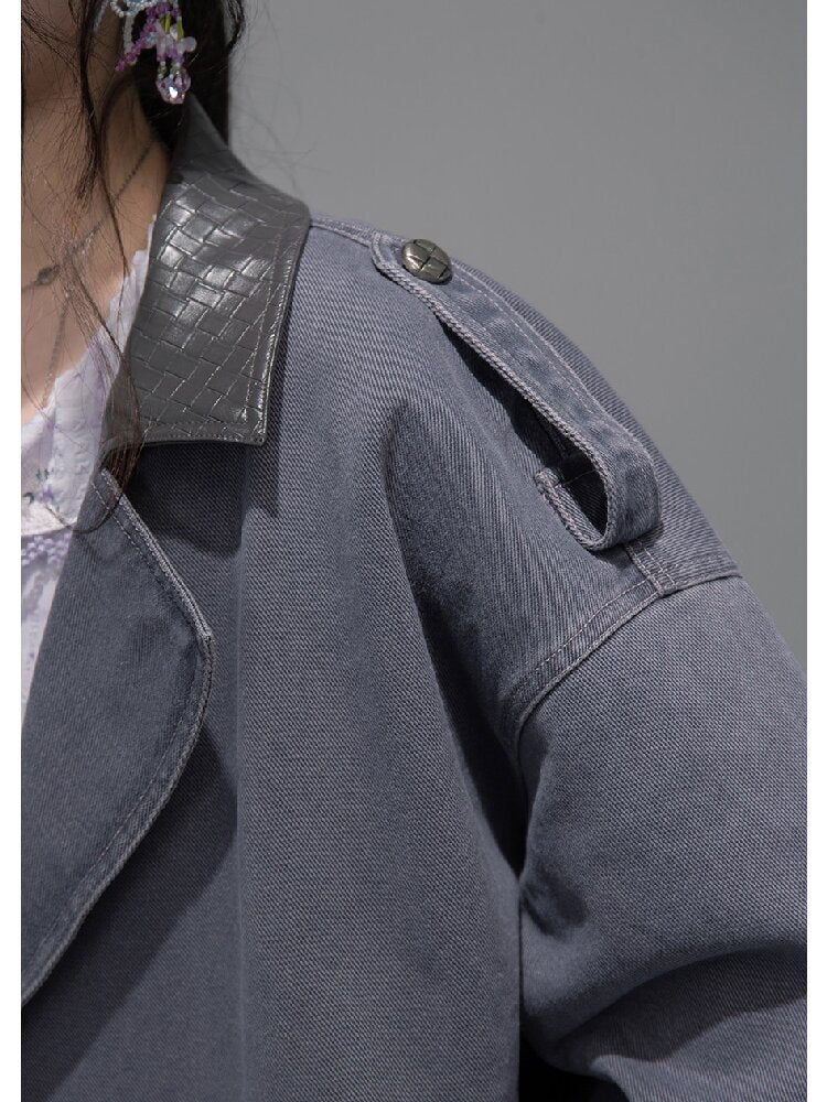Ink Gray Leather Washed Denim Jacket【s0000015741】