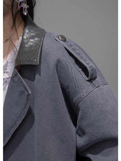 Ink Gray Leather Washed Denim Jacket【s0000015741】