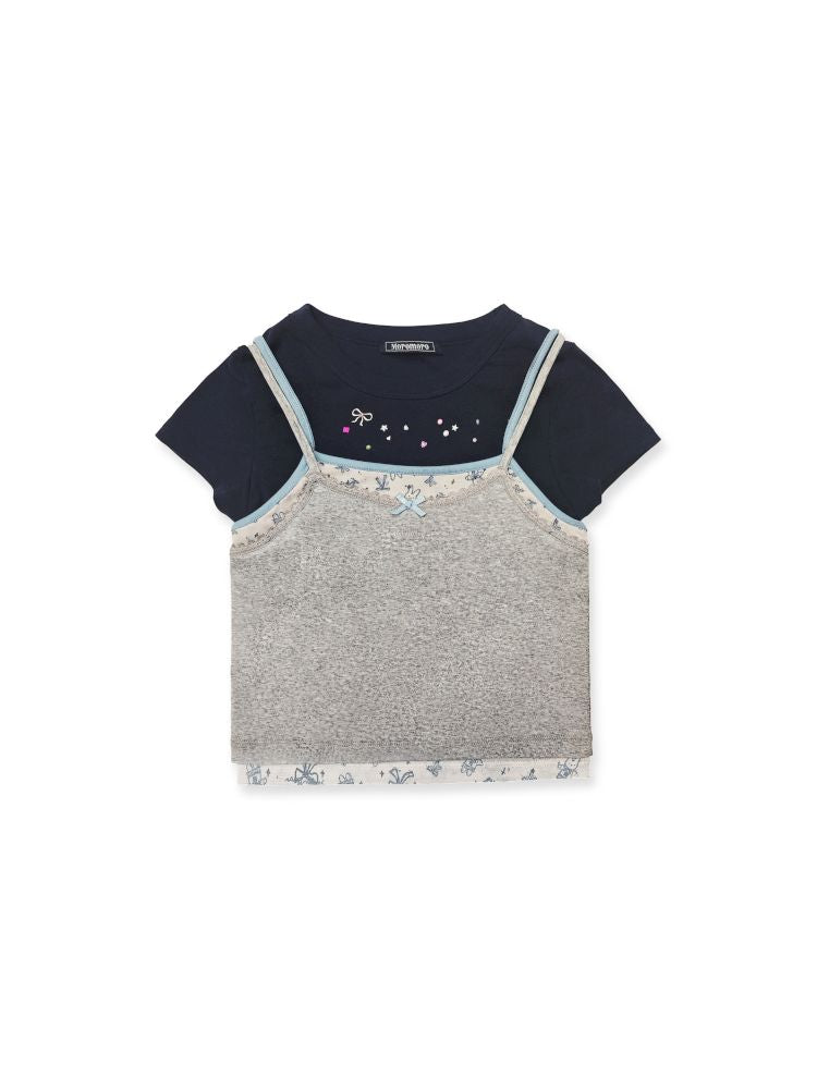 Lace satin bow short-sleeved T-shirt【s0000012504】