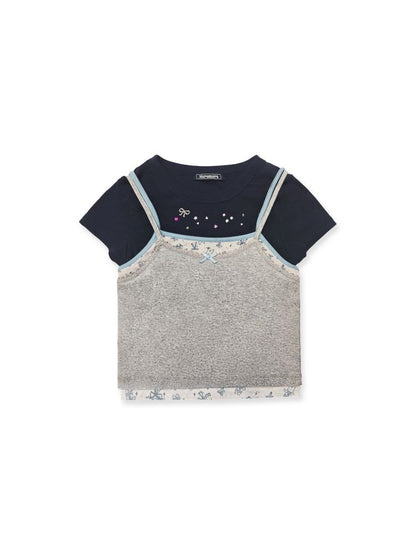 Lace satin bow short-sleeved T-shirt【s0000012504】