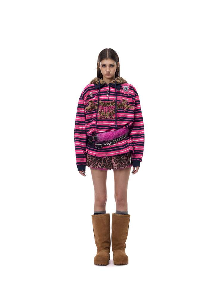 Pink Striped Leopard Cat Ear Hood【s0000015115】