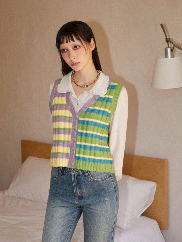 Striped Layered Knit Cardigan Vest [S0000010103]