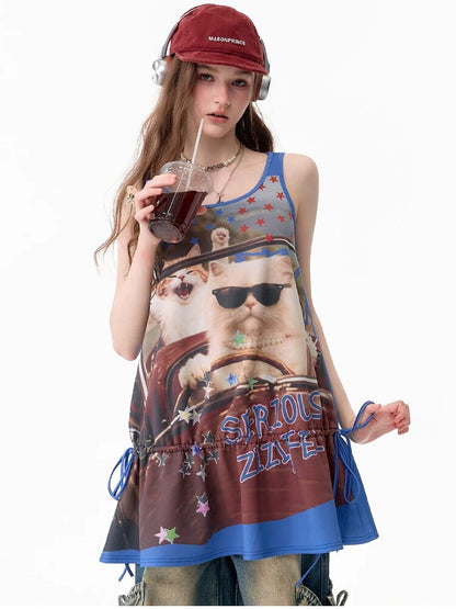 American Cat Print Vintage Tank Dress【s0000017676】