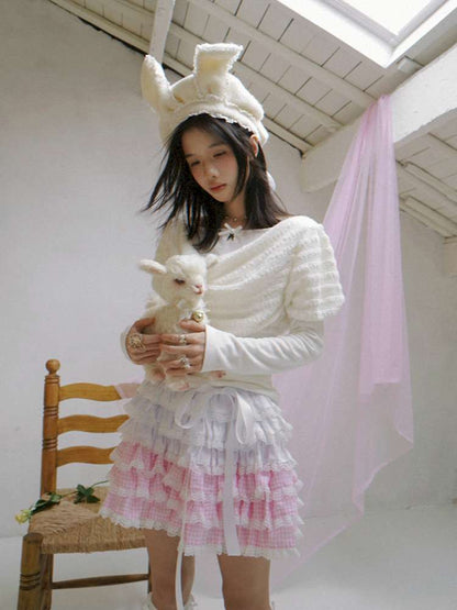 Pink Grid Gradient Lace Short Skirt【s0000014940】