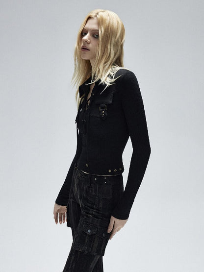 Black Pitted Drawstring Shirt Top【s0000016253】
