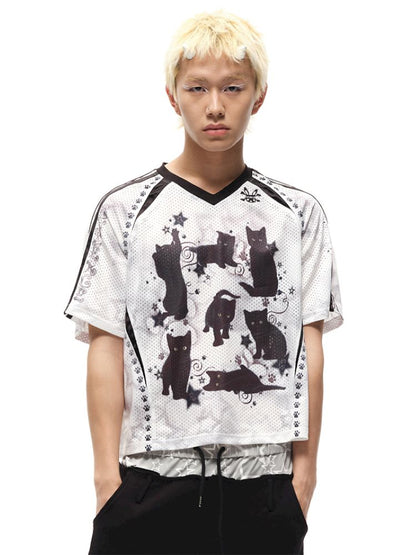 Black cat print shoulder sleeve t-shirt【s0000012586】