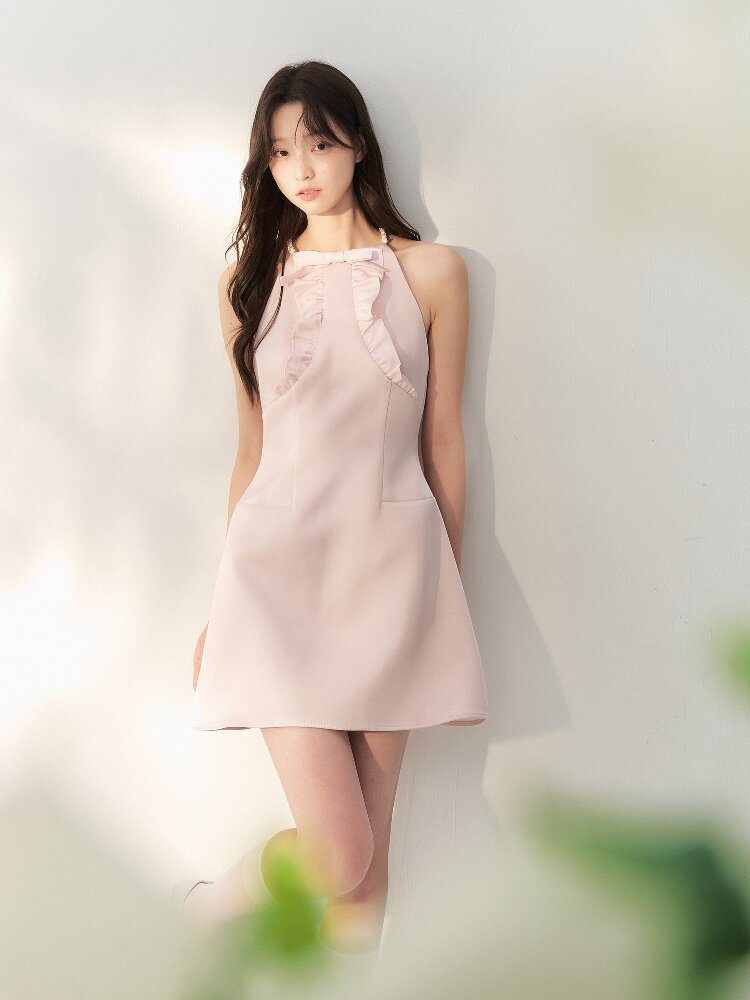 Glossy Satin Ruffled Halter Dress【s0000016873】