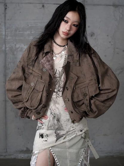 Plaid functional distressed dirty jacket【s0000014114】