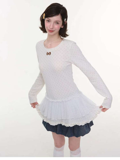 Lace Pleated Polka Dot Top【s0000015429】