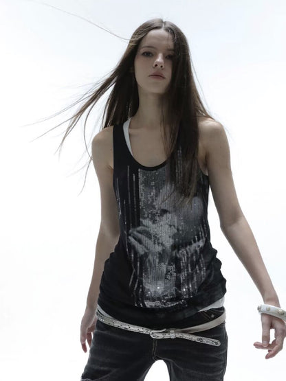 Silver Sequin Print U Neck Vest【s0000016566】
