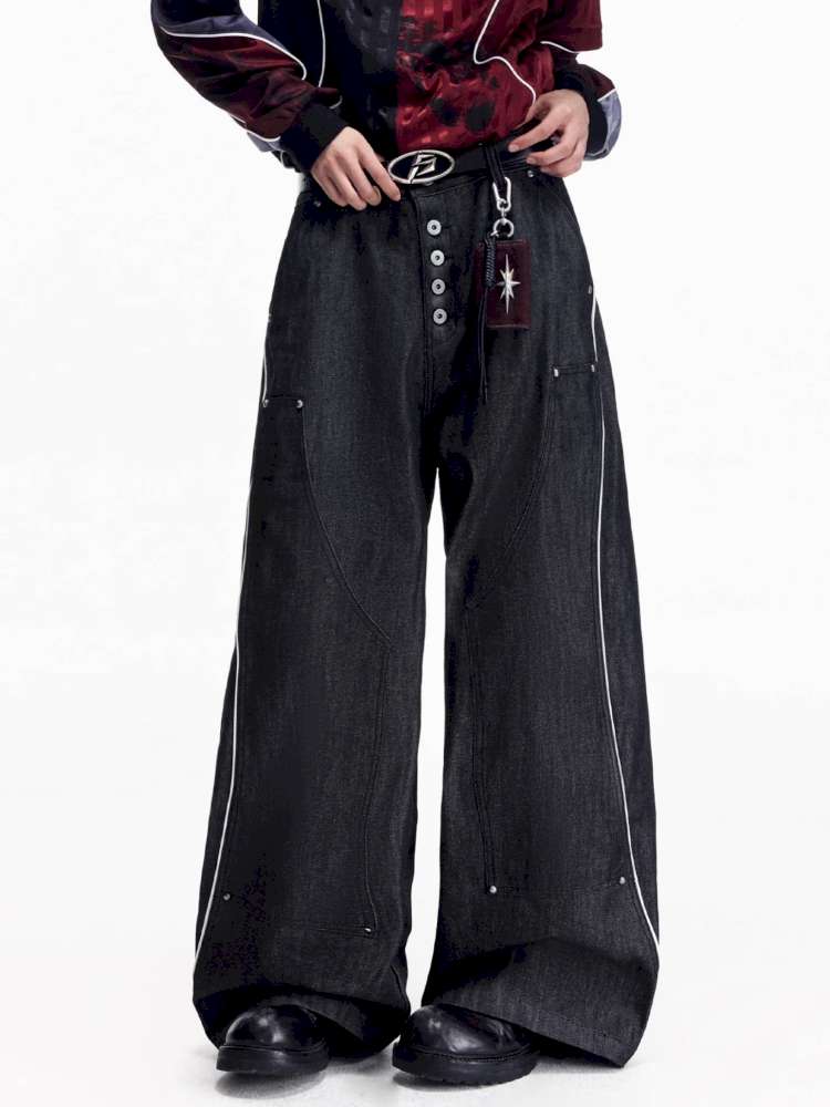 Red Trim Wide Leg Cotton Jeans【s0000015172】