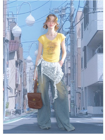 Rabbit Printing V-Neck Short Sleeve T-shirt【s0000012236】