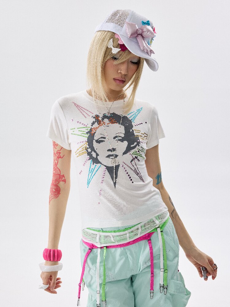 Detachable Hem Rhinestone T Shirt【s0000017637】