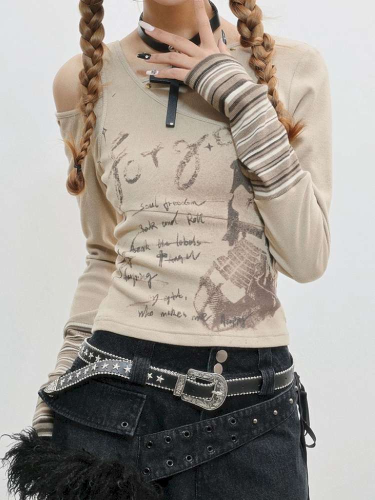 Slim Hot Girl Off-Shoulder Patchwork Shirt【s0000014830】