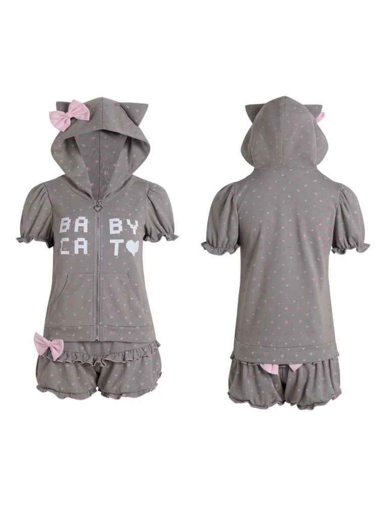 Bubble Sleeve Polka Dot Black White Purple Babycat Set【s0000009267】