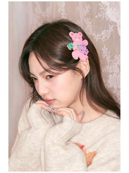 Bear Bouquet Flocked Acrylic Hairpin【s0000014508】